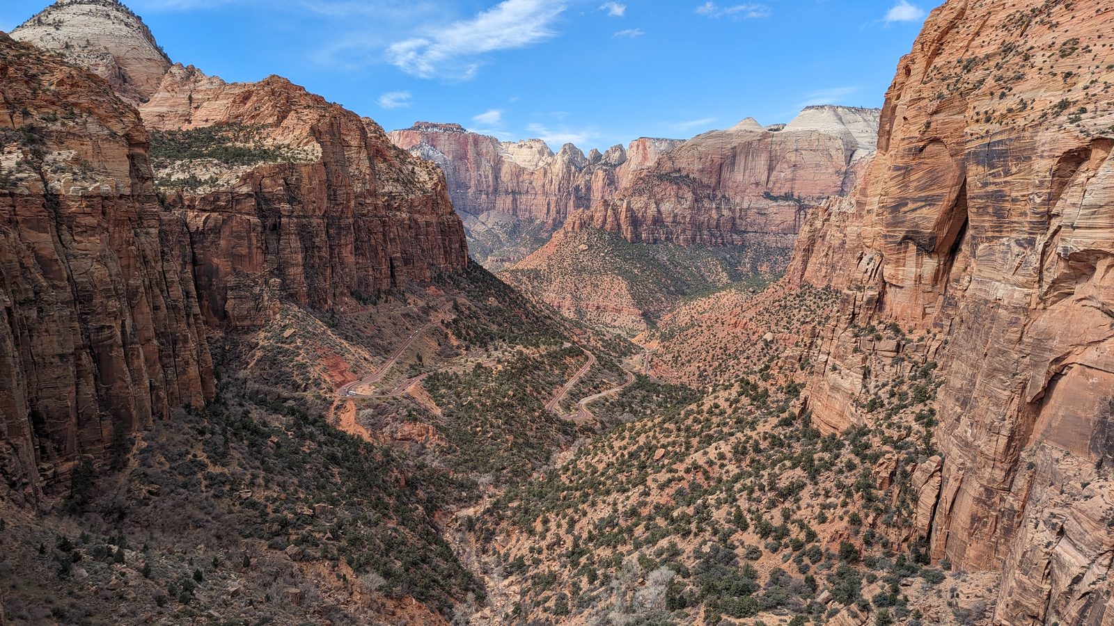 Zion Canyon seen from the Canyon Overlook trail, with the switchbacks of the Zion-Mount Carmel Highway below and the canyon walls beyond